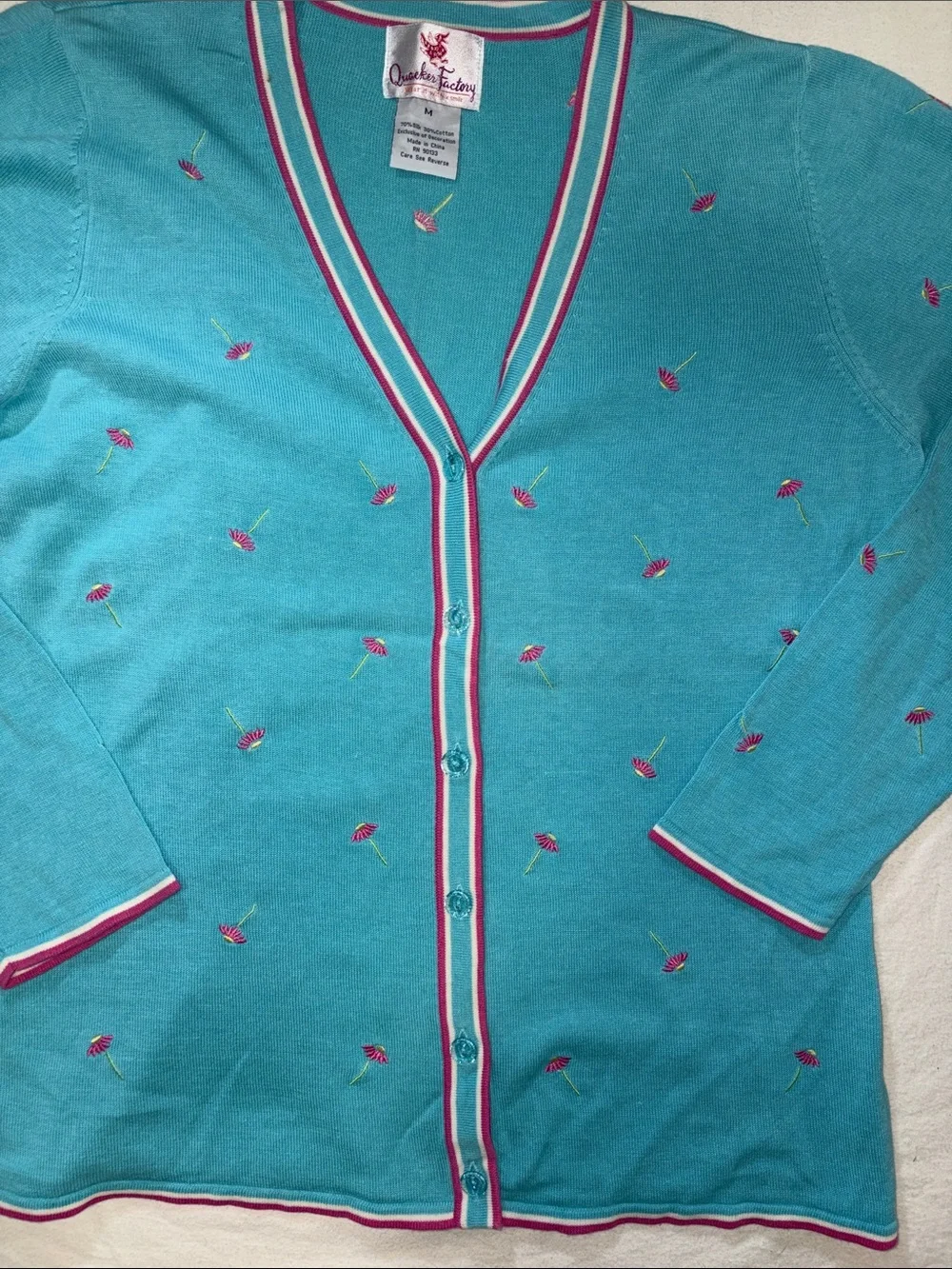 Vintage Quacker Factory Teal Floral Knit Sweater Vest Cardigan Set M